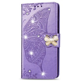 IMEIKONST Compatible with Redmi A3 Wallet Case with Card Holder, Diamond Embossed Leather Magnetic Flip Kickstand Shockproof Cover for Redmi A3. Cystal Butterfly Lavender SD