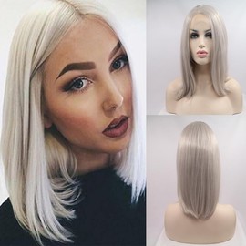 Xiweiya Short Grey Lace Front Wig Platinum Grey Synthetic Ash Blonde Bob Synthetic Lace Front Wigs Middle Part Heat Resistant Fiber for Women Drag Queen Wig 14inch