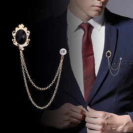 Huture 2 Packs Men's Gem Brooch Lapel Pin Badge Hanging Chains Collar Brooches Pin for Career Suit Tuxedo of Shirts Tie Hat Scarf for Boyfriend Father Birthday Gift, Gold Silver Black, Alloy, Crystal,