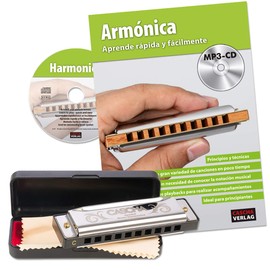 CASCHA Harmonica Beginner Set with Spanish School, Learn to Play Blues Harmonica, Includes Case, Cleaning Cloth and Textbook, C Major Harmonica, Silver