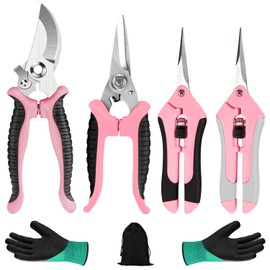 4 Packs Garden Pruning Shears Stainless Steel Blades Handheld Pruners Set with Gardening Gloves(Pink)