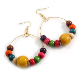 45mm/Large Hoop Earrings in Gold Tone with Small Multi Wooden Beads - 7.5cm Total Drop