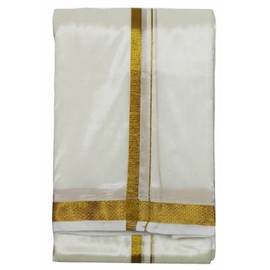 Stylesindia Double Layer Silk Dhoti Vesti Mundu India Ethnic Dress Golden Zari Border Dhotis for Wedding Ceremonies