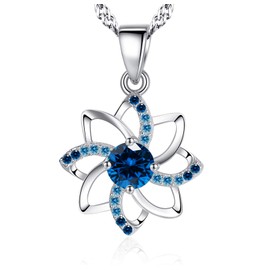 Sunnyshopday 925 Sterling Silver,Diamond Love and Flower Pendant.18 inches,Prince of Wales Chain,Diamond Cut Twist Curb Necklace Chain Women Girls Jewelery Box (Silver001) (4.Blue Diamond Flower)