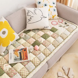 vctops Bohemian Patchwork Sofa Cover Cotton Quilted Couch Cover Floor Mat Floral Print Sectional Couch Cover Non-Slip Soft Sofa Slipcover Furniture Protector for Kids, Dogs, Cats (Green,28"x70")