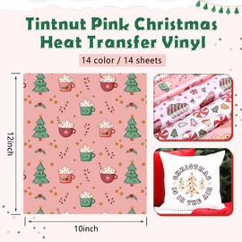 Tintnut Pink Christmas HTV Heat Transfer Vinyl 14 Sheets 12 * 10inches Pastel Retro HTV Heat Transfer Vinyl Patterned HTV Iron on Vinyl Assorted Patterns HTV Vinyl Sheets Bundle for Fabrics DIY