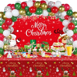 Christmas Party Decorations Set Happy Christmas Supplies Includes Christmas Santa Claus Backdrop Snowflakes Deer Table Covers Multi-Color Balloons and Foil Santa Claus Balloons for Xmas Party Favors