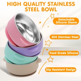 JVEOO 4 Pack Stainless Steel Baby Bowls with Suction, 2-in-1 SUS304 Toddlers Bowl & Removable Silicone Suction Kids Bowl Anti Scald Non Toxic Snack Container for Baby Food Feeding