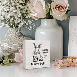 KFXHANGD Funny Bunny Wooden Box Sign Desk Decor, Guess What Bunny Butt Decorative Signs Decor for Bedroom Living Room, Easter Bunny Rabbit Home Shelf Desk Decor, Bunny Lover Gifts 5x5 Inch