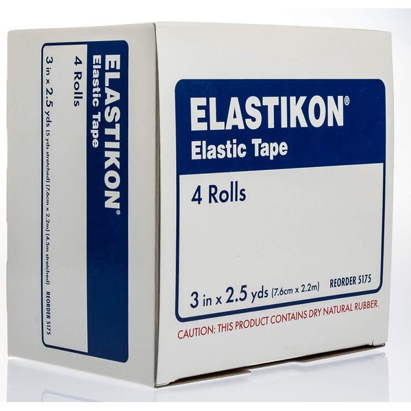 Johnson & Johnson Elastikon Elastic Tape, 3" x 2.5 Yards, (3" x 5 Yards Stretched), Reliable Compression for Support of Sprains, Strains, and Muscle Injuries, Case of 4 Rolls