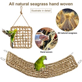 2Pcs Natural Sea Grass Parrot Mat - Foraging Chew Wall Toy with Climbing Rope & Hook, Hanging Play Pad for Lovebirds/Cockatoos/Budgerigars/Conures/Pigeons | 2 Sizes29.53x6.89 &7.48x7.48 Inches