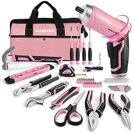 WORKPRO 53-Piece Pink Tool set with Electric Cordless Screwdriver, Basic Tool Kit Set for Women with 13'' Portable Tool Bag for DIY Home Repair/Maintenance - Pink Ribbon