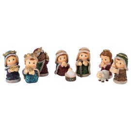 Transpac M2320 Set of 9 Glitzy Nativity Christmas Figurines, Red, Green, and Blue, 3.75 Inch