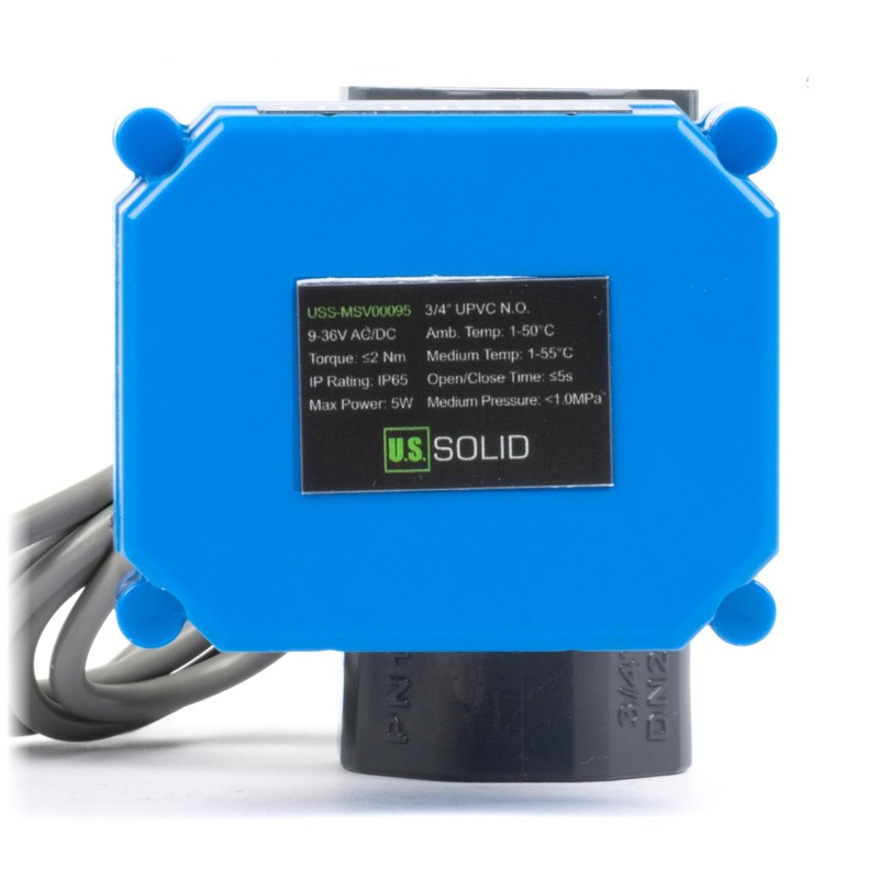 U.S. Solid 電動ボールバルブ 9-36V AC/DC 電気ボール弁、2線自動復帰、二ポート、フルボア、ノーマルオープン (UPVC材質, 飲料水に適用, Gタイプの内ネジ, 3/4",