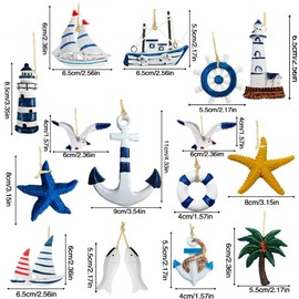 Ylinwtech 15 Pieces Maritime Pendant Nautical Decoration, Maritime Decorative Pendant Set, Anchor Starfish Life Ring, Starfish Boat Anchor Lighthouse Fish Coconut Palm Tree for Nautical Rooms, Party