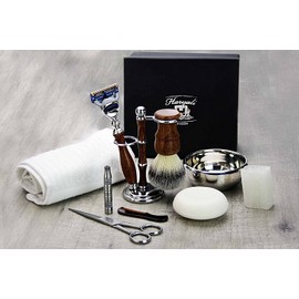 Wooden Luxury Shaving/Grooming Kit for Men's. This set comes with 10 pieces. Gillitte Fusion Razor, Badger Looking Hair Brush, 3 Ring Brush and Razor Holder/Stand, Shaving Bowl and Soap, Scissors, etc.) Perfect Gift Set For Him