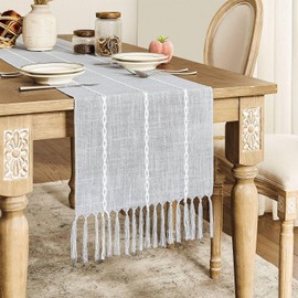 ZeeMart Farmhouse Table Runner, Rustic Table Runners 72 Inches Long, Linen Boho Table Runner, Braided Striped Grey Table Runner for Dining Party Holiday, 15x72 Inches, Braided Light Grey