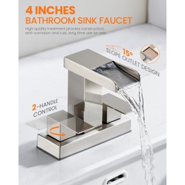 Waterfall Bathroom Faucet for Sink 3 Hole, 4 inch, Brushed Nickel Waterfall Sink Faucets with Pop-up Drain and 2 Supply Hoses, Stainless Steel 2-Handle Centerset Faucet for Sink Vanity, T-6008BN