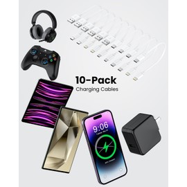 [0.75FT, 10-Pack] Multi Short USB Charging Cables, Fast Charge & Sync Type-C/Lightning/Micro Cords Bulk for Charging Station Compatible with iPhone16&15, iPhone5-14, iPads, Mobiles, Tablets, White