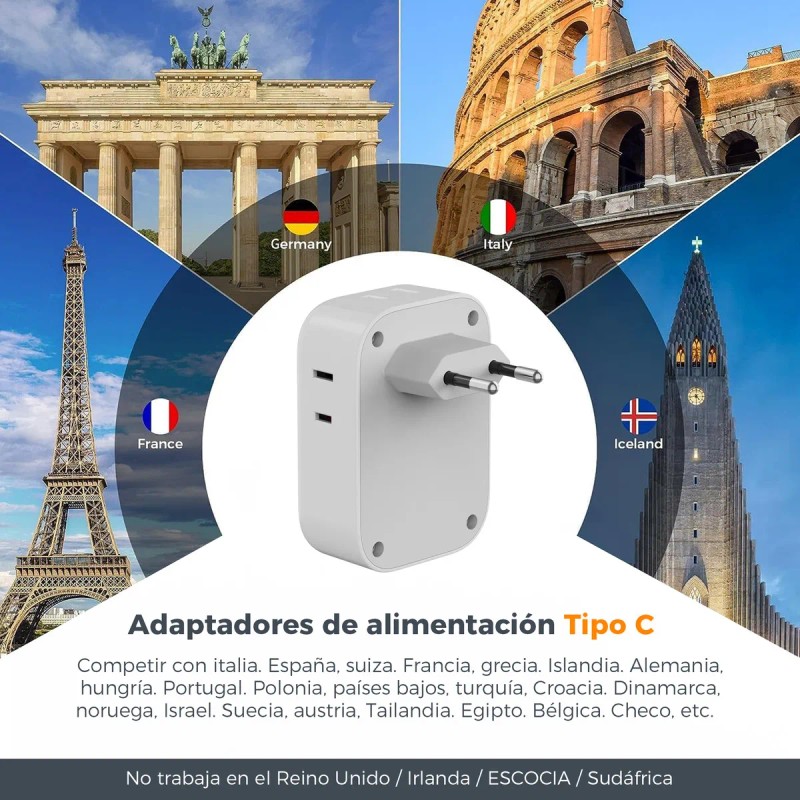 Adaptador Enchufe Europeo Tessn 4 Tomas 2 Pines y 3
