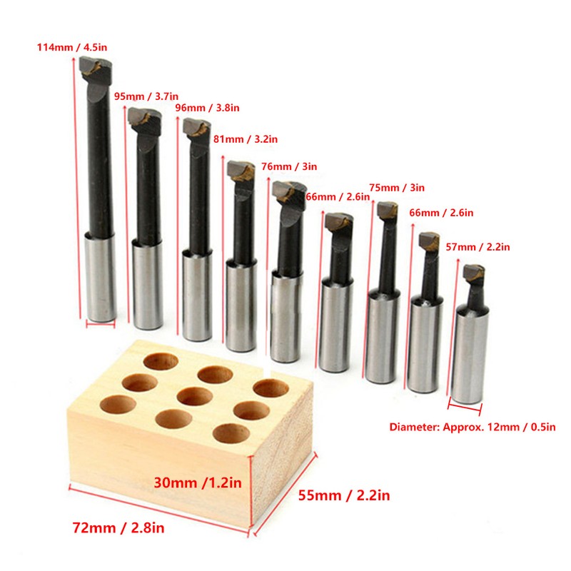 9Pcs Boring Bar Set 1/2" F1 Type High Speed Steel