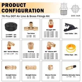 CheeMuii 72 PCS Brass DOT Air Line Fittings with 50FT 1/4" and 50FT 3/8" DOT Air Line Kit Push Lock Air Fitting Quick Connect & NPT Thread Fittings with Pneumatic Tubing