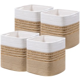 UBBCARE Set of 4 Storage Cubes 11 X 11 X 11 in, Water Hyacinth Storage Bins for shelves, Toys, Book, Storage Baskets with Handles, Cotton Rope Woven Baskets for Organizing, Brown