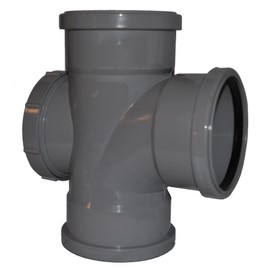 Triple Socket Pushfit Soil Pipe 90 Degree Access Tee - Grey