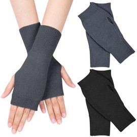 MELLIEX 2 Pairs of Half Fingerless Gloves, Winter Pulse Warmer Gloves, Unisex, Warm, Soft, Knitted Gloves, Black, Dark Grey