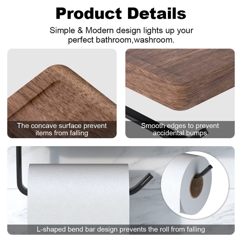 IURRDOP Toilet Paper Holder with Black Walnut Wood Shelf, Wall