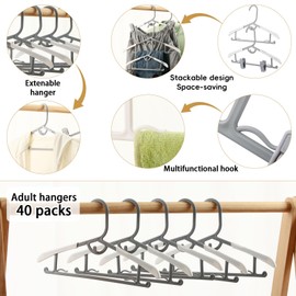 40 Kids Hangers with Clips Adjustable Hangers Grey Baby Hangers for Clothes Non Slip Childrens Hangers Toddler Hangers Kids Extendable Hanger with Hook Stackable Plastic Hangers with 20 Hanger Clips