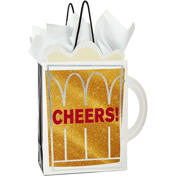 Hallmark 9" Medium Gift Bag with Tissue Paper ("Cheers!" Beer Mug) for Christmas, Father's Day, Birthdays, Graduations, Promotions, New Jobs or Any Occasion