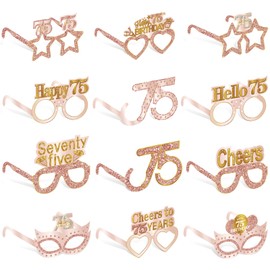 Guiruiy 24PCS 75th Birthday Eyeglasses Decorations for Women, Pink Rose Gold Happy 75th Birthday Paper Eyeglasses Party Supplies, Seventy five Year Old Bday Glasses Decor