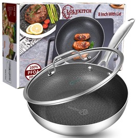 LOLYKITCH 8.5 Inch Tri-ply Hybrid Stainless Steel Non-Stick Sauté Pan with Lid,Skillet,Induction Frying Pan,Skillet,Dishwasher and Oven Safe,Riveted Handle.