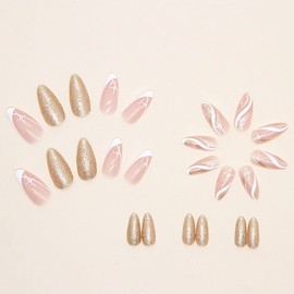 24 Stück mittellange Kunstnägel Mandel-Kunstnägel rosa und weiße Kunstnägel Stern-Kunstnägel Wirbel-Kunstnägel Linien-Kunstnägel als Weihnachtsgeschenke für Frauen und Mädchen