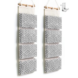 CROWNED 2Pcs Over Door Hanging Storage Bags Wall Mount Closet Organizer, 4 Big Pockets Linen Cotton Fabric Multi Functional Living Room Bedroom Bathroom File Magazine Waterproof Free Hooks Grey