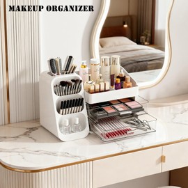 ShinyDew Bathroom Countertop Makeup Organizer with Brush Holder, Large Cosmetic make up storage organizers with 2 Drawers for Vanity Counter top, Makeup Caddy for skincare, lipsticks, hairbrush