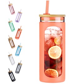 Kodrine 20oz Glass Water Tumbler with Straw and Lid, Bamboo Lids Water Bottle, Iced Coffee Cup Reusable, Wide Mouth Smoothie Cups with Protective Silicone Sleeve BPA FREE-Orange