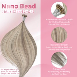 MioYio Nano Hair Extensions Human Hair 1660#-Grey Brown Mixed High Gloss Gold 14inch 40G/57S/Pack Nano Bead Hair Extensions Human Hair Nano Ring Hair Long Straight For Women