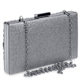 Caspar TA528 Extraordinary Elegant Ladies Box Clutch Bag with Floral Metal Decor, silver