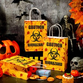 TaoBary 24 Pcs Halloween Biohazard Treat Bags Halloween Paper Gift Bags with Handles Zombie Theme Horror Party Favors for Candy Goodie Snacks Holiday Party Supplies