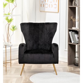 Container Furniture Direct Armchair Modern Velvet Accent Chair, Channel Tufted Bedroom, Office or Living Room Furniture with Elegant Metal Legs, Black