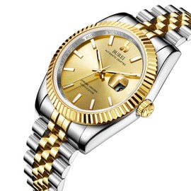 BUREI Men's Classic Business Watch Automatic Movement Sapphire Glass Lens Enlarged Simulation Date(Silver Gold Gold), Silver gold Gold, Classic