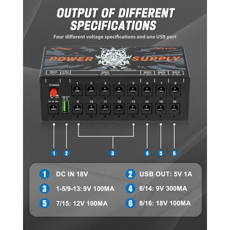 STRICH SPS X-Hub Guitar Pedal Power Supply for 9V/12V/18V, 100mA