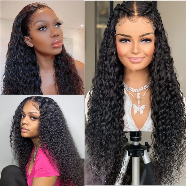 Brazilian Deep Curly Transparent Lace Front Wigs Glueless Wigs Human Hair Pre Plucked Wet and Wavy Human Hair Ear To Ear Wigs for Black Women With Baby Hair100% Unprocessed