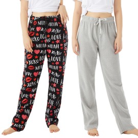 Sova Women's 2-Pack Ultra Comfy Relaxed Fit Micro Fleece Pajama Lounge Pants (XOXO/Grey Stripe, Large)