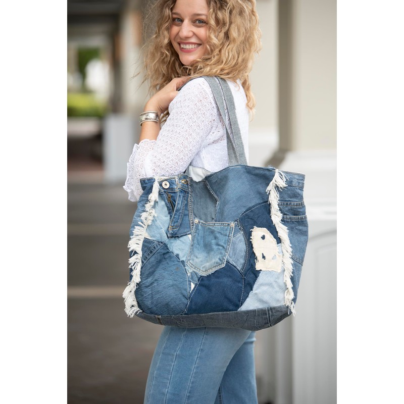 Back From Bali Womens Denim Patchwork Pocket Tote Bag Classic