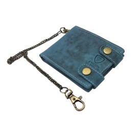 J. Wilson London Designer Genuine Leather Biker's Wallet Motorbike Vintage Distressed Long Detachable Metal Chain to Hang (Distressed Blue)