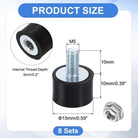 uxcell M5 Rubber Mounts, 8Pcs 15x10mm(DxH) Rubber Cylindrical Anti Vibration Isolator Shock Absorber with Lock Nut for Car Bobbin Generator Air Compressors