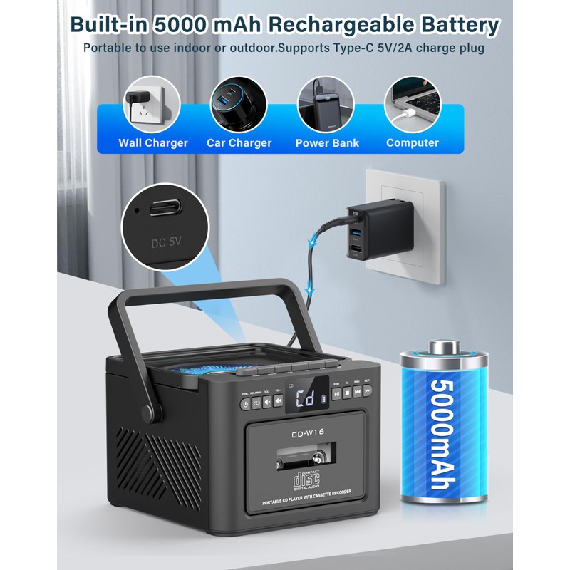 Boombox Cassette CD Player Bluetooth5.1 with 5000mAh Battery,5W Dual Stereo